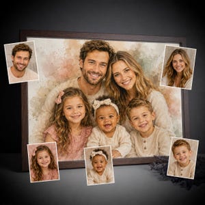 May include: A framed watercolor-style portrait of a family of five, featuring a man, a woman, two young girls, and a baby. The central image is surrounded by five smaller individual portraits of the family members, all set against a dark background.