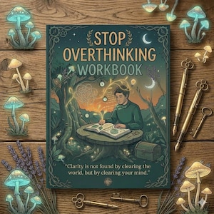May include: A workbook titled "STOP OVERTHINKING WORKBOOK" with a forest-themed illustration. The cover features a person writing at a table, surrounded by mushrooms, keys, and pens. The quote "Clarity is not found by clearing the world, but by clearing your mind." is also visible.