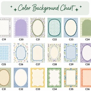 May include: A Color Background Chart featuring eighteen rectangular cards labeled C19 through C36. Each card displays a unique frame design, including floral patterns, gingham checks, stripes, and scalloped edges in various pastel color palettes.