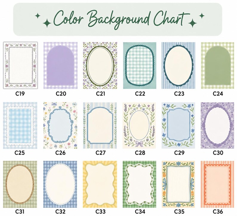 May include: A Color Background Chart featuring eighteen rectangular cards labeled C19 through C36. Each card displays a unique frame design, including floral patterns, gingham checks, stripes, and scalloped edges in various pastel color palettes.