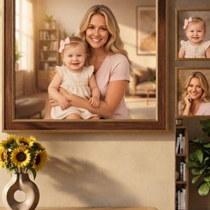 May include: A large rectangular wall mirror with a dark wood frame featuring a gold inner trim. The mirror reflects a woman holding a baby, both smiling. Two smaller framed portraits of the same subjects are mounted on the wall to the right.