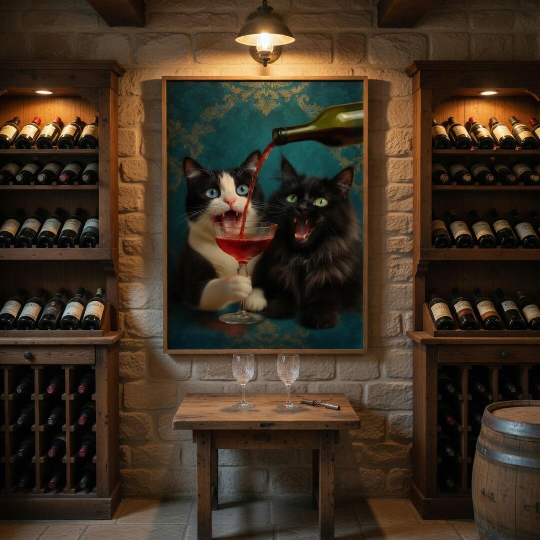 Funny Black Cat Wall Art Printable Wine Lover Decor, Moody Cat Portrait ...