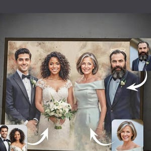 May include: A framed watercolor-style portrait featuring four individuals: a man in a tuxedo, a woman in a white lace wedding dress holding a bouquet, a woman in a light green off-shoulder dress, and a man in a dark suit with a white boutonniere.