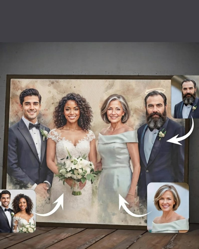 May include: A framed watercolor-style portrait featuring four individuals: a man in a tuxedo, a woman in a white lace wedding dress holding a bouquet, a woman in a light green off-shoulder dress, and a man in a dark suit with a white boutonniere.