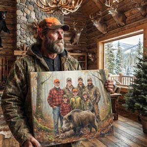 May include: A rectangular canvas print featuring a group portrait of seven individuals and a wild boar in a forest setting. The artwork depicts four adults and three children wearing outdoor clothing, standing behind a large boar in a wooded area.