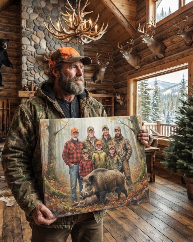 May include: A rectangular canvas print featuring a group portrait of seven individuals and a wild boar in a forest setting. The artwork depicts four adults and three children wearing outdoor clothing, standing behind a large boar in a wooded area.