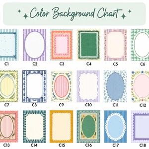 May include: A color background chart featuring eighteen rectangular cards labeled C1 through C18. Each card displays a unique decorative border, including floral, striped, checkered, and scalloped patterns in various colors like blue, green, pink, and yellow.