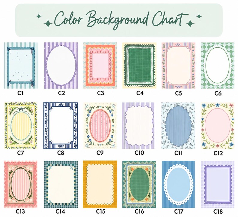 May include: A color background chart featuring eighteen rectangular cards labeled C1 through C18. Each card displays a unique decorative border, including floral, striped, checkered, and scalloped patterns in various colors like blue, green, pink, and yellow.
