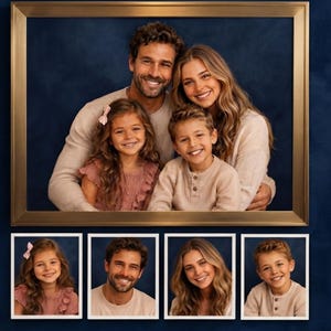 May include: A large rectangular gold frame containing a family portrait of two adults and two children, positioned above four smaller individual white frames, each displaying a portrait of one of the family members against a dark blue background.