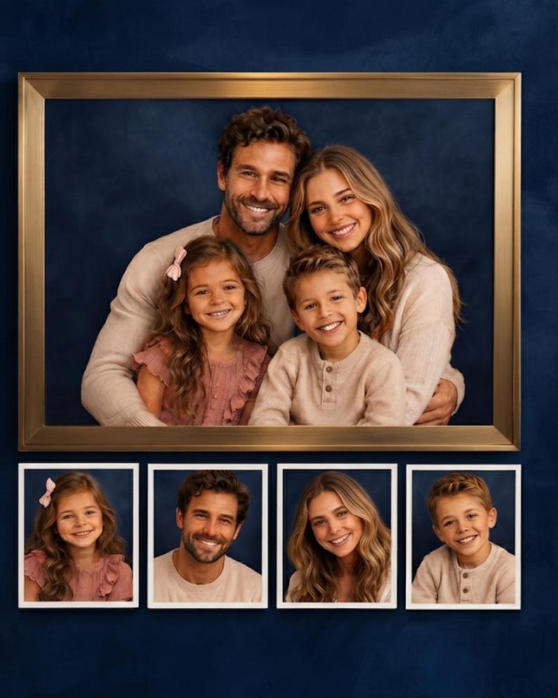 May include: A large rectangular gold frame containing a family portrait of two adults and two children, positioned above four smaller individual white frames, each displaying a portrait of one of the family members against a dark blue background.