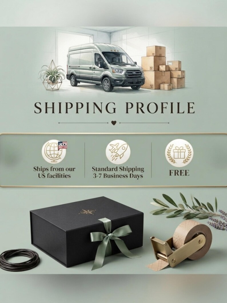 May include: A shipping profile graphic featuring a light-colored delivery van, stacked cardboard boxes, and a black gift box tied with a sage green ribbon. Includes a tape dispenser, a coil of black cord, and text reading SHIPPING PROFILE.