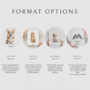 以下が含まれることがあります： FORMAT OPTIONSというタイトルのインフォグラフィック。コーギーのデジタル画像、猫のポスタープリント、子犬の額装プリント、ウサギのキャンバスプリントという4種類のペットポートレートのスタイルが、それぞれの説明文と共に表示されています。
