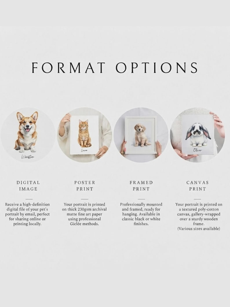 以下が含まれることがあります： FORMAT OPTIONSというタイトルのインフォグラフィック。コーギーのデジタル画像、猫のポスタープリント、子犬の額装プリント、ウサギのキャンバスプリントという4種類のペットポートレートのスタイルが、それぞれの説明文と共に表示されています。