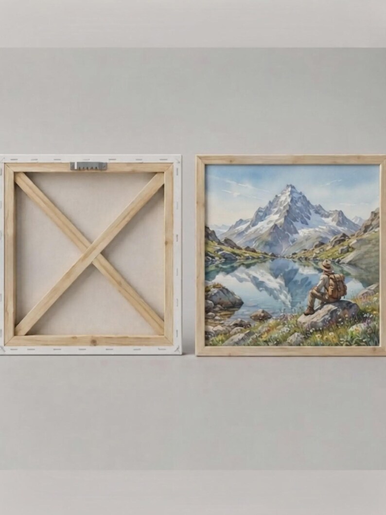 May include: A square canvas print featuring a watercolor painting of a hiker with a backpack sitting on a rock by a mountain lake, with a snow-capped peak reflected in the water. The back shows a wooden frame with a metal hanging bracket.
