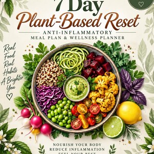 May include: A 7 Day Plant-Based Reset meal plan and wellness planner cover featuring a bowl of zucchini noodles, beets, cauliflower, tomatoes, edamame, and red cabbage with a central green dip, surrounded by fresh herbs, a lemon, and a lime.