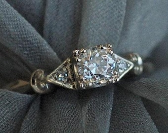 Art-deco verlovingsring, 14 kt witgoud geometrisch solitaire landgoed geïnspireerde diamant alternatieve beloftering, cadeau, vintage stijl ring