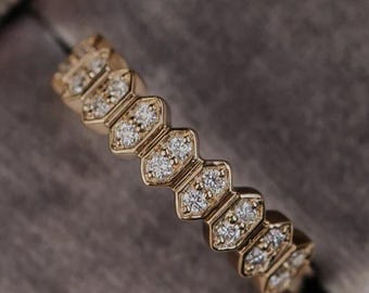 Hexagon Moissanite Wedding Band, 14K Solid Gold Stacking Ring for Women, Unique Honeycomb Bridal Band, Gold Geometric Pave Eternity Ring