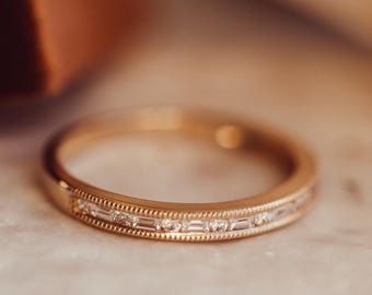 Vintage Baguette & Round Diamond Eternity Wedding Band, 14K Gold Milgrain Wedding Ring, Christmas Gift, Stackable Art Deco Anniversary Ring