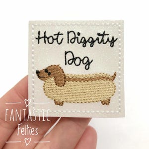 May include: A white, glittery square patch with the embroidered text "Hot Diggity Dog" above a dachshund-shaped design. The dachshund is brown and tan. The patch is held in a hand.