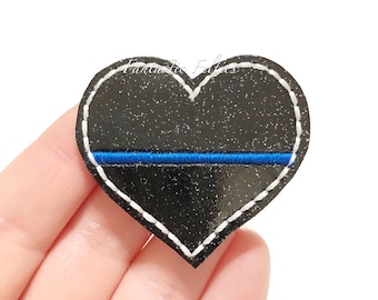 Police heart feltie | thin blue line | back the blue Feltie | glitter heart felties |  | Embroidered Felt | UNCUT | (set of 4)