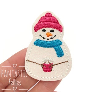 Snowman felties - snowman with coffee Felties - Christmas Felties - glitter felties | Embroidered Felt - UNCUT | set of 4