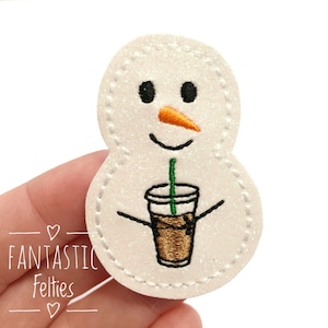 Snowman with iced tea felties - snowman Felties - Christmas Felties - glitter felties | Embroidered Felt - UNCUT | set of 4