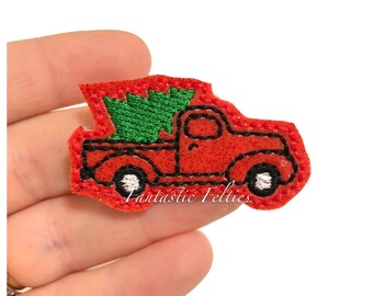 Christmas Feltie - red truck feltie - glitter feltie - Felt applique - Embroidered Felt - UNCUT | (set of 4)