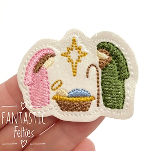 Jesus nativity feltie - Jesus felties - glitter felties - Christmas Feltie - Felt applique - Embroidered Felt | UNCUT | (set of 4)