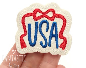 USA coquette bow Feltie | glitter felties | patriotic felties | 4th of July felties |  | Embroidered Felt | UNCUT | (set of 4)