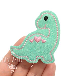 Dinosaur Felties | Dino felties | girl dinosaur felties | mint glitter felties | Felt applique | Embroidered Felt | UNCUT | (set of 4)