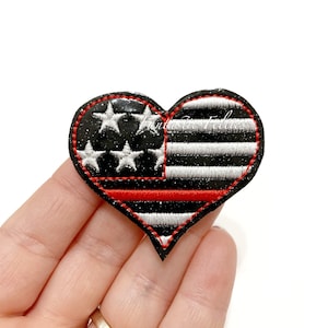 Fire fighter heart feltie | thin red line | medical Feltie | glitter heart felties | Embroidered Felt | UNCUT | (set of 4)