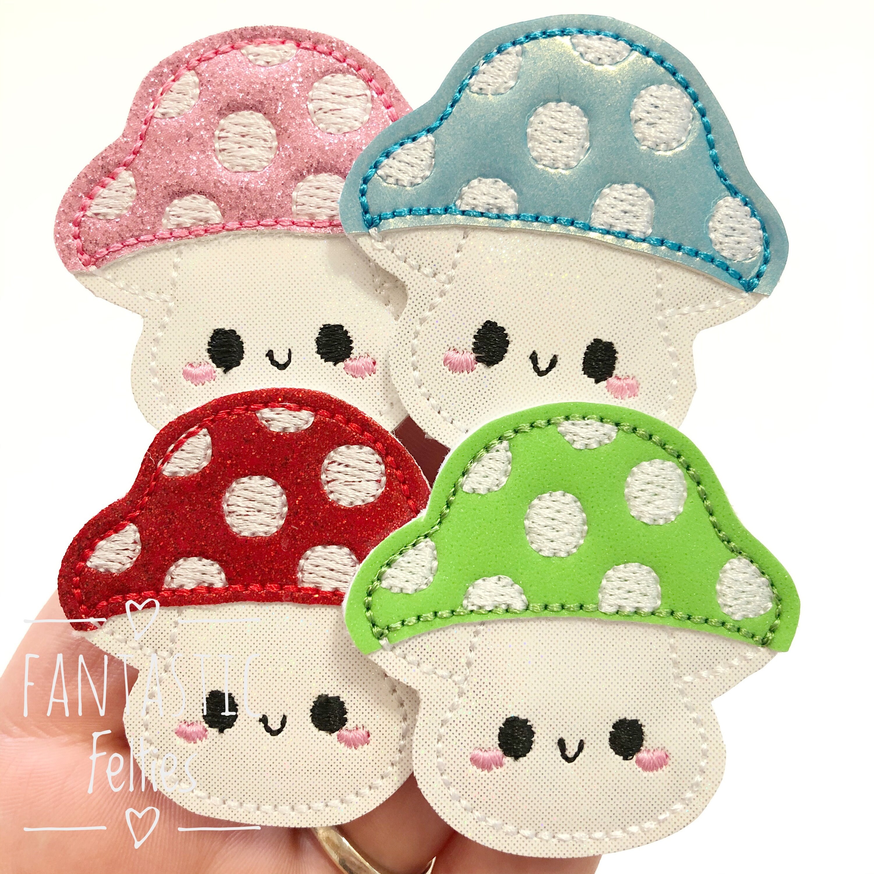 Mushroom Feltie - kawaii mushroom felties - cute mushroom felties - shimmer felties - Embroidered Felt - UNCUT | set of 4