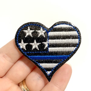 Police heart feltie | blue line | back the blue Feltie | glitter heart felties | Felt applique | Embroidered Felt | UNCUT | (set of 4)