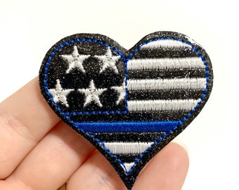 Police heart feltie | blue line | back the blue Feltie | glitter heart felties |  | Embroidered Felt | UNCUT | (set of 4)
