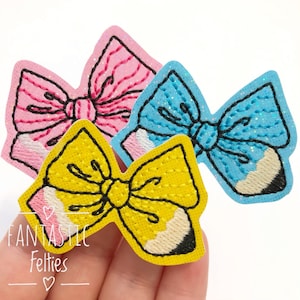 Bow pencil Felties | School felties | pencil bow felties | glitter felties| happy pencil feltie | Embroidered Felt | UNCUT | (set of 4)