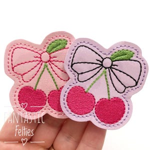 Cherry Felties | coquette bow felties | cherry bow felties | summer felties |  | Embroidered Felt | UNCUT | (set of 4)