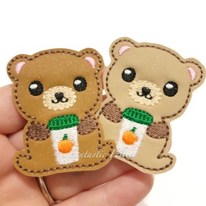 Teddy bear felties | fall bear felties | bear coffee feltie | animal Felties | Felt applique | Embroidered Felt | UNCUT | (set of 4)
