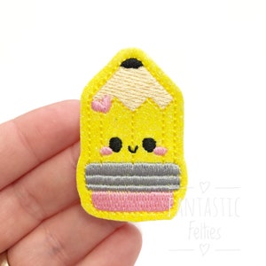Kawaii pencil Felties | School felties | pencil felties | glitter felties| happy pencil feltie | Embroidered Felt | UNCUT | (set of 4)