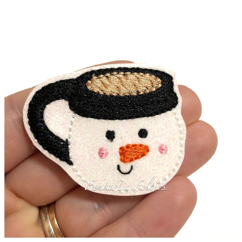 Snowman mug feltie | hot cocoa Feltie | Christmas Felties | | Embroidered Felt | UNCUT | (set of 4)felties for badge reels bild 1