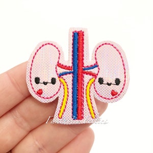 May include: Pink felt embroidered patch of a pair of kidneys with a red, blue, and yellow felt representation of the blood vessels. The kidneys have black felt eyes and a red felt mouth.