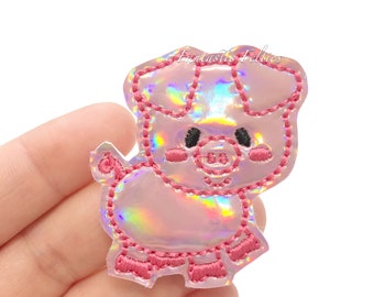 Pig Feltie | holographic vinyl felties | animal felties | piggy felties |  | Embroidered Felt | UNCUT | (set of 4)