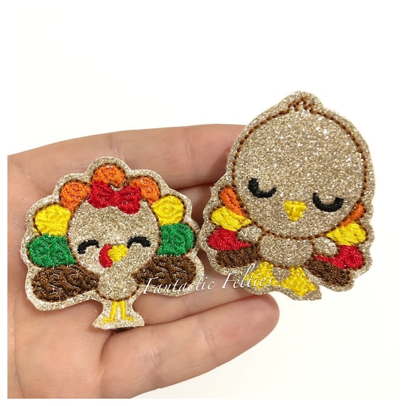 Turkey Feltie - Thanksgiving felties - Felt applique - felties - Glitter felties - Embroidered Felt | UNCUT | set of 4