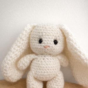 Peut inclure: Un lapin au crochet fait à la main, de couleur blanc cassé, avec de longues oreilles tombantes. L'animal en peluche a des yeux de sécurité noirs et un petit nez rose. Le lapin est debout, présentant ses bras et ses jambes. Le fil doux et texturé donne au lapin une apparence câline.