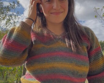 Gründl Multicolor Striped Crochet Sweater | Handmade Women's Sweater | Colorful Hand-Knitted Sweater | Crocheted Knit | Unisex Oversized Sweater