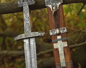 Hand Forged Damascus Steel Medieval / Viking Sword with Scabbard Decor & Collectible Gift | Birthday Gift