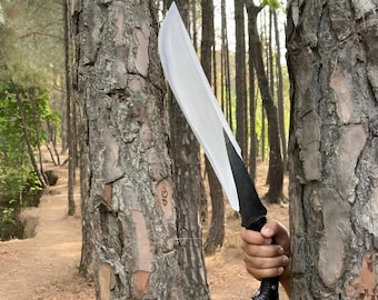Ręcznie kuty nóż survivalowy z maczetą ze stali węglowej | Nóż kempingowy z pełnym trzpieniem i drewnianą rękojeścią