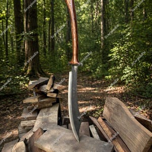 May include: A large, curved blade knife with a dark, metallic finish. The handle is made of polished wood with a rich, brown grain. The knife is displayed outdoors, resting on a pile of wood, with a forest background.