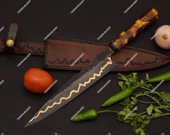 Hand-Forged Copper Damascus Chef Knife | Handmade Kitchen Knife |Anniversary & Christmas Gift