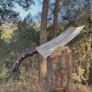 May include: A large, stainless steel cleaver with a dark wooden handle. The blade is wide and curved, with a sharp edge. The handle is riveted with three white dots. The knife is resting on a tree stump.