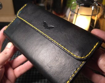 Handmade Leather Purse Wallet | Full Grain Vegetable Tanned Long Wallet | Black & Yellow Gothic Wallet | Ladies Leather Purse
